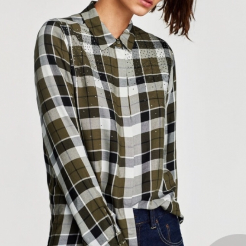 Zara Top XS Button Down LS Green Grey Checked NWT
